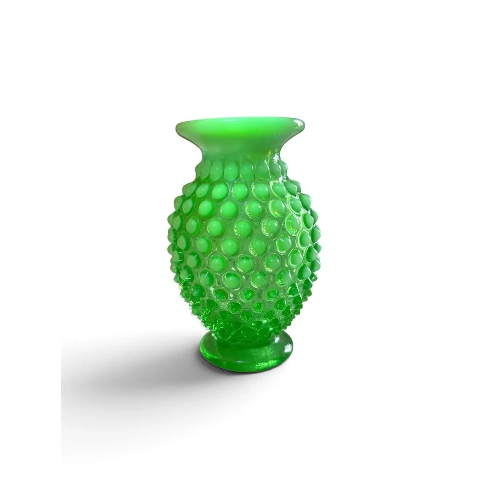 Vintage Fenton Art Glass Green Opalescent Hobnail Glass Uranium Vase #14